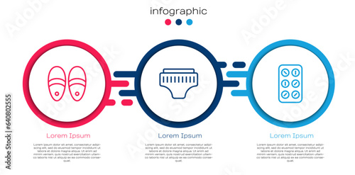 Set line Slippers, Adult diaper and Pills in blister pack. Business infographic template. Vector