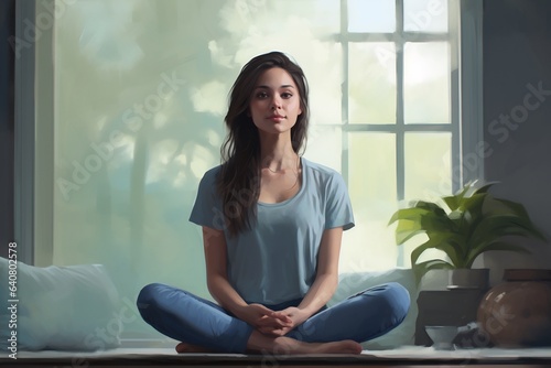 Young Indian female model indoor meditation. healthy. young. wellness