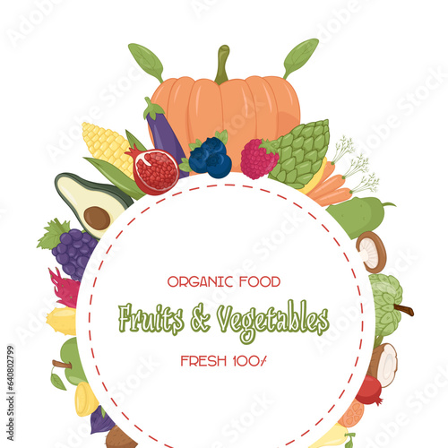 Healthy food frame vector illustration. Hand drawn Vegetables and fruits . Organic food banner. Good nutrition.