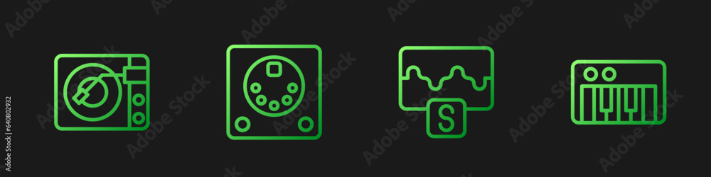 Set line Music wave equalizer, Vinyl player with vinyl disk, Drum machine and synthesizer. Gradient color icons. Vector Set line Music wave equalizer, Vinyl player with vinyl disk, Drum machine and synthesizer. Gradient color icons. Vector