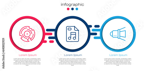 Set line Vinyl disk, MP3 file document and Movie spotlight. Business infographic template. Vector