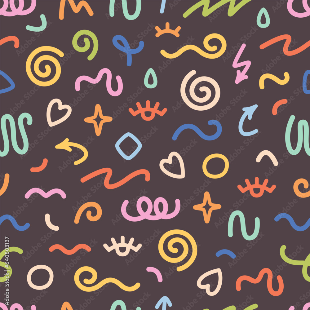 Seamless pattern with various hand drawn abstract shapes, strokes and doodles. Colorful abstract line doodle shapes. Vector illustration in flat style Seamless pattern with various hand drawn abstract shapes, strokes and doodles. Colorful abstract line doodle shapes. Vector illustration in flat style