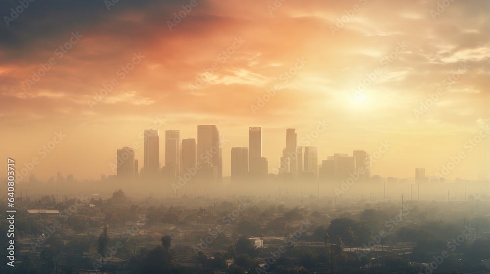 Photo that portrays the hazy and polluted skyline of a major city, illustrating the detrimental effects of air pollution on urban