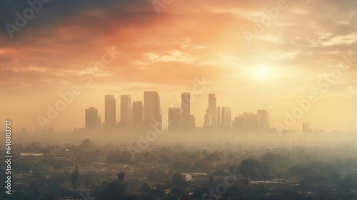 Photo that portrays the hazy and polluted skyline of a major city, illustrating the detrimental effects of air pollution on urban © pvl0707