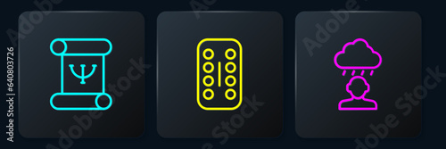 Set line Psychology book, Depression and frustration and Sedative pills. Black square button. Vector