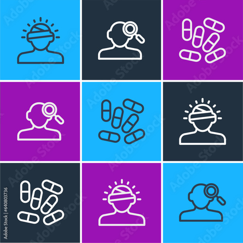 Set line Concussion, headache, Medicine pill or tablet and Finding problem psychology icon. Vector