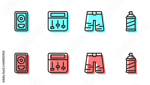 Set line Wide pants, CD disk award in frame, Drum machine music and Paint spray can icon. Vector