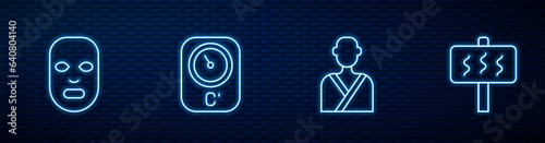 Set line Man in the sauna, Facial cosmetic mask, Sauna thermometer and . Glowing neon icon on brick wall. Vector