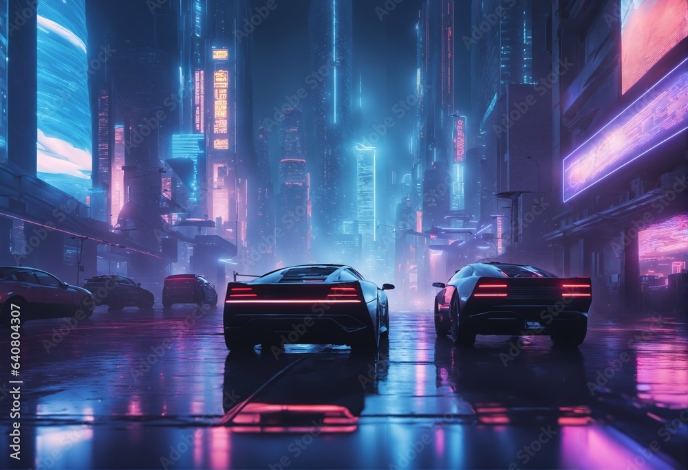 Neon lights in cyberpunk cityscape - hyper futuristic commercial district, flying cars, skyscrapers with digital billboards, rainy, reflective surfaces, night tim