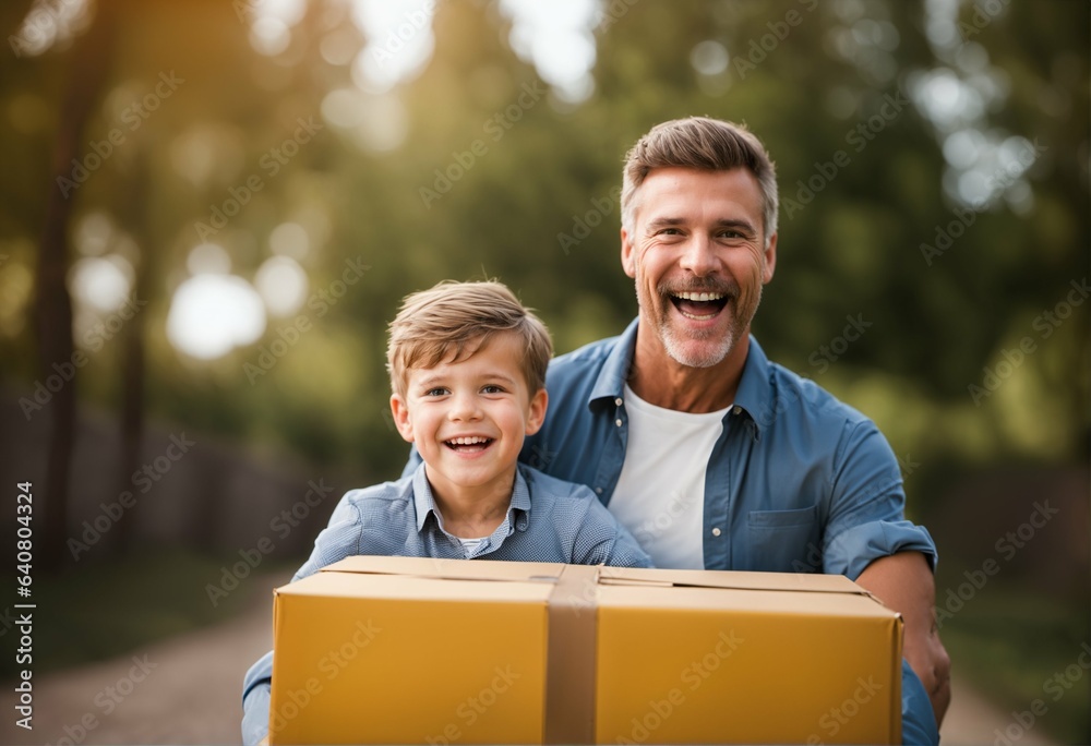 Relocation day with father and happy son - near carton box, having fun, after moving Relocation day with father and happy son - near carton box, having fun, after moving