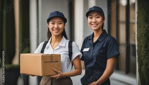 Young woman delivers parcel - smiling Asian postman, cardboard box, online store delivery, close-up