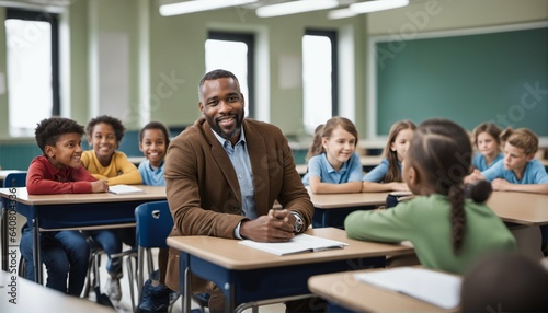 Black male educator talking to students in classroom - man teaching, elementary school children, education