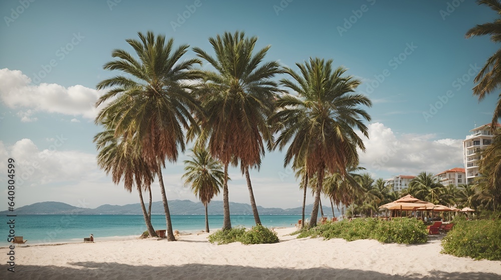 Tropical beach resort background with peaceful blue waters and shade