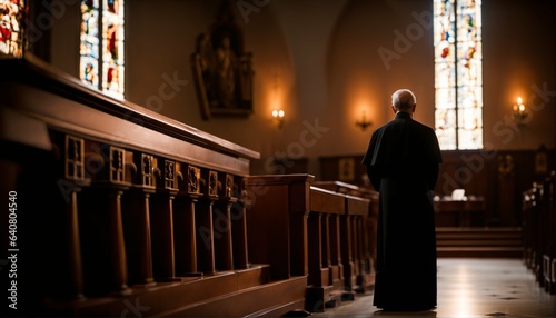 Faithful priest praying in catholic church, devoted prayer