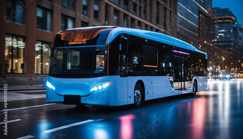 Sleek and ultra-modern self-driving autonomous electric bus on city street with neon lights and motion blur