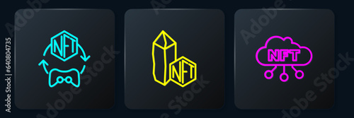 Set line NFT Digital crypto art, cloud and . Black square button. Vector