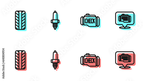 Set line Check engine, Car tire wheel, spark plug and icon. Vector