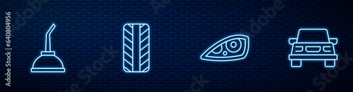 Set line Car headlight, Canister for motor machine oil, tire wheel and . Glowing neon icon on brick wall. Vector