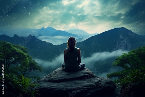 Slika na platnu Silhouette of a female model meditating on a rock on hilltop, nature, lifestyle,