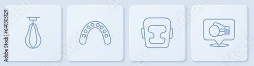 Set line Punching bag, Boxing helmet, Mouth guard boxer and glove. White square button. Vector