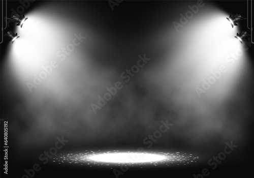 Spotlights. Scene for presentation illuminated by spotlights with smoke. Vector illustration.