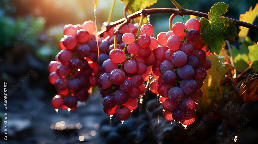 Vineyard. A bunch of fresh wet red grapes hangs, illuminated by a ray of the sun. Generative AI technology. Vineyard. A bunch of fresh wet red grapes hangs, illuminated by a ray of the sun. Generative AI technology.