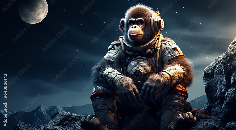 Fantasy portrait of astronaut Monkey in space wearing helmet and full space suit, the moon in behind, fantasy, science fiction, Fantasy portrait of astronaut Monkey in space wearing helmet and full space suit, the moon in behind, fantasy, science fiction,