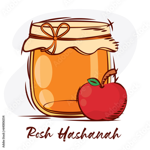 Colored sketch of honey jar and apple Rosh Hashanah Vector