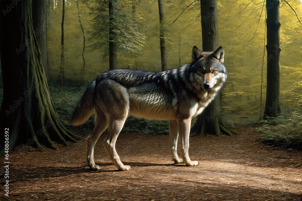 Obraz premium A Wolf Standing In The Middle Of A Forest
