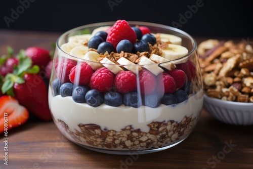 Oatmeal with fruit and berries in glass bowl with spoon on wooden background  AI Generated