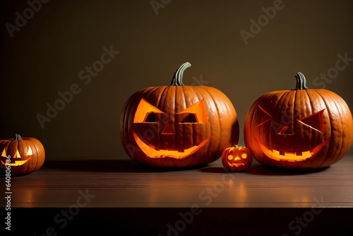 Three Carved Pumpkins Sitting On Top Of A Table photo