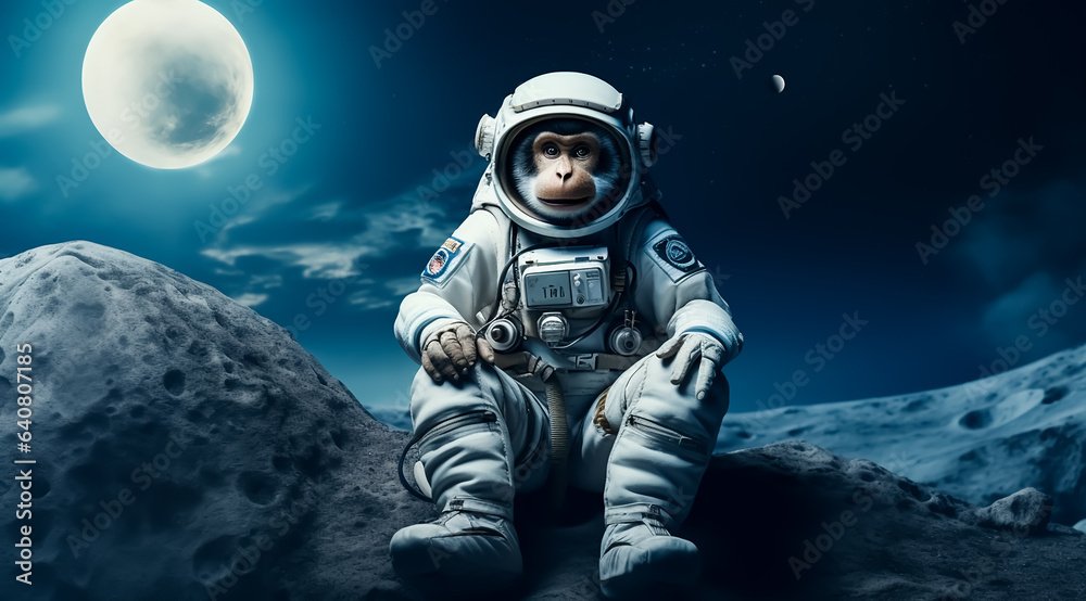 Fantasy portrait of astronaut Monkey in space wearing helmet and full space suit, the moon in behind, fantasy, science fiction, 