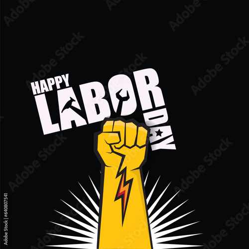 labor day Usa vector label or banner background. vector happy labor day poster or banner with clenched fist isolated on black . Labor union icon