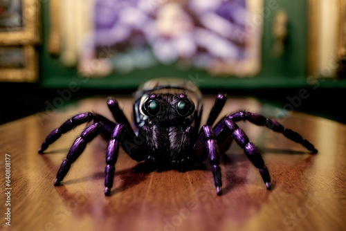 A Purple Spider Sitting On Top Of A Wooden Table