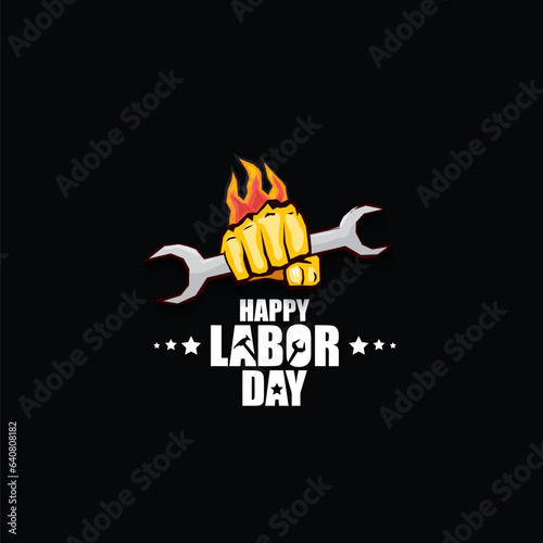 labor day Usa vector label or banner background. vector happy labor day poster or banner with clenched fist isolated on black . Labor union icon