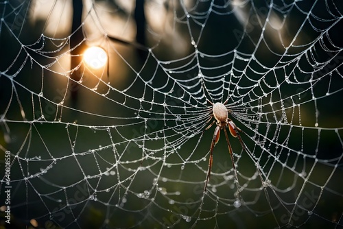 A close-up of a delicate spider's web glistening with morning dew. 