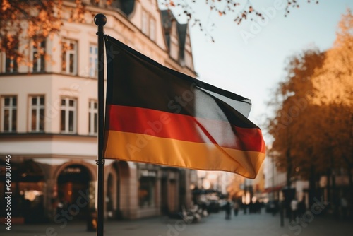 German flag in black, red and gold in the background the street of a German city. Concept for the Day of German Unity.