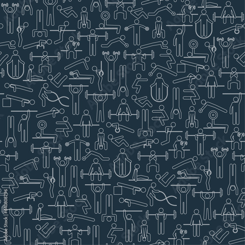 Seamless pattern of workout, athletic, fitness, gym icons. Calisthenics, training, exercises endless print for background, wallpaper, packaging, clothing. Vector isolated illustration in outline style
