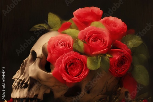 A Painting Of A Skull With Roses In It