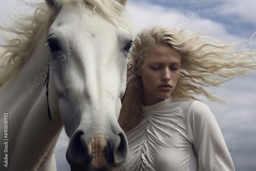 Beautiful young woman with long blond hair posing with white horse.