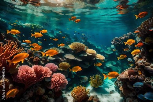 The vibrant colors of a coral reef teeming with marine life beneath the surface of the ocean. 