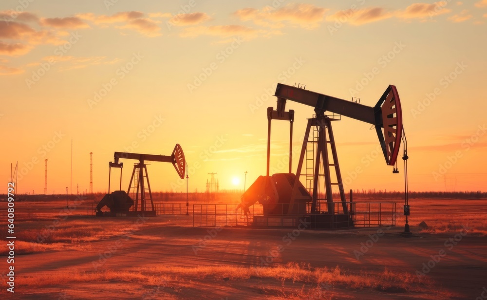 Drilling rig for extraction of fossil fuels and crude oil on the desert silhouette. Oil pump installation. Drilling rig for extraction of fossil fuels and crude oil on the desert silhouette. Oil pump installation.