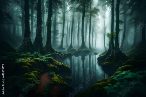 A dense  fog-covered forest shrouded in an air of mystery. 