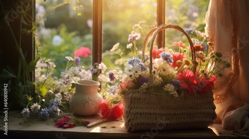 A basket of flowers sitting on a window sill