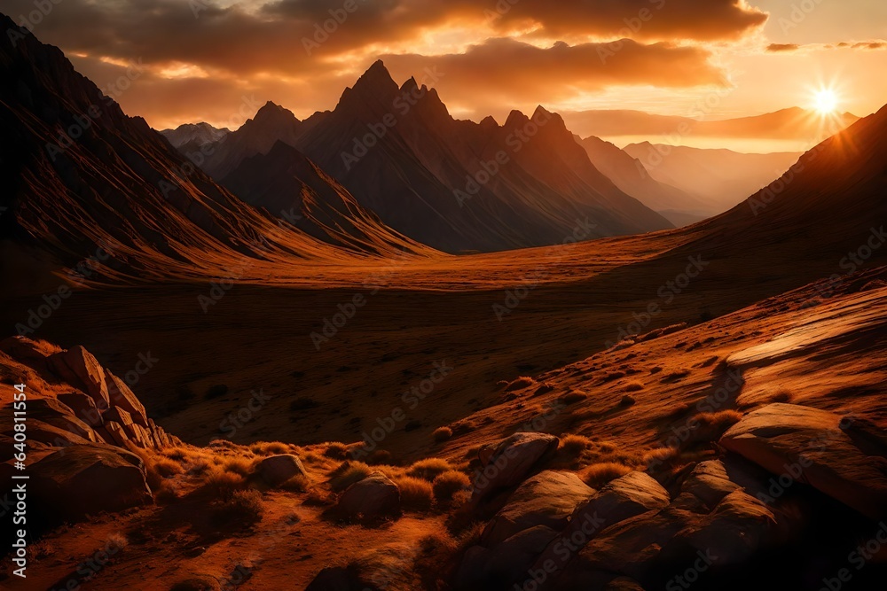 Naklejka premium The sun setting behind a rugged mountain range, casting a warm glow over the landscape.