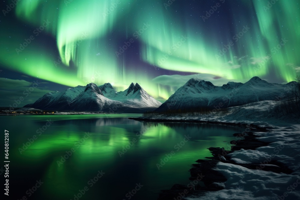 northern lights in the snowy mountains.reflection in water