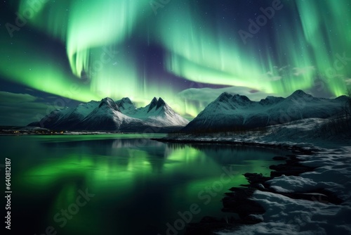 northern lights in the snowy mountains.reflection in water
