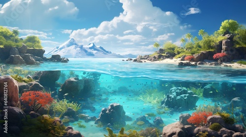  an underwater scene with rocks, plants, and a body of water. generative ai