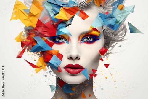 Beauty, fine art, fashion concept. Abstract modern art collage of woman portrait made of various and colorful geometric shapes and paint strokes. Generative AI © Rytis