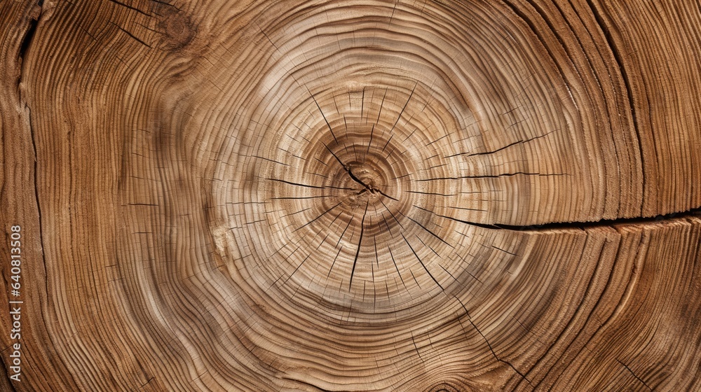 Fototapeta premium Old wooden oak tree cut surface. Rough organic texture of tree rings with close up of end grain.